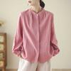 Spring Powder Woven Linen Solid Color Artistic Versatile Loose Long Sleeved Stand Up Collar Shirt Blouses & Shirts