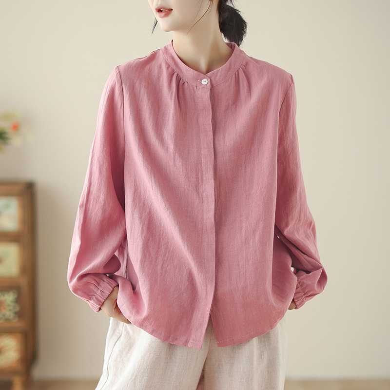 Spring Powder Woven Linen Solid Color Artistic Versatile Loose Long Sleeved Stand Up Collar Shirt Blouses & Shirts