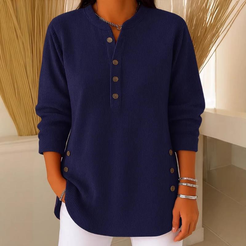 Women's Ribbed Knit Henley Top Long Sleeve Relaxed Fit Tunic with Side Buttons