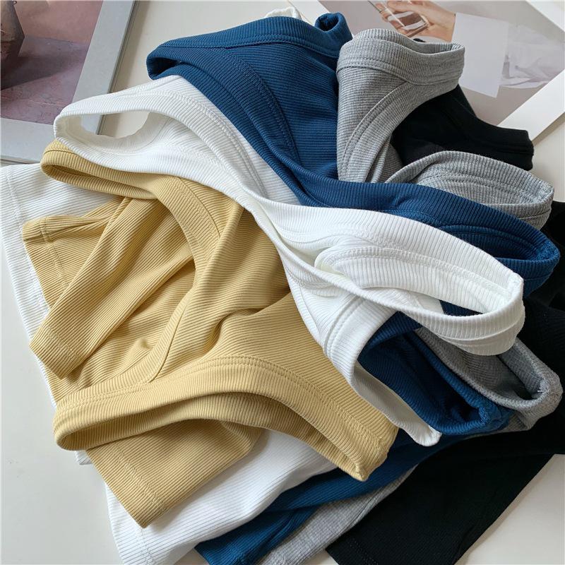 Women's Korean Threaded Camisole with Chest Pads - Integrated Cup, Solid Color Summer Top