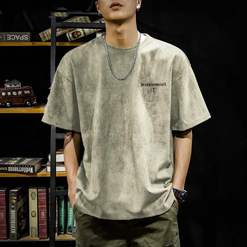 Fashionable Brand Pixie Letter Printed Suede T-shirt Men's Summer American Loose Casual Versatile Half-sleeved Shirt
