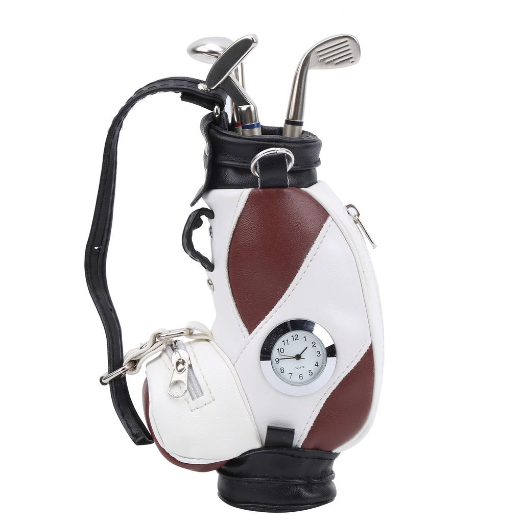 Mini Desktop  Golf Bag Pen Clock  Zinc Alloy PU Leather with Golf Pens Souvenir Set GiftBrown White