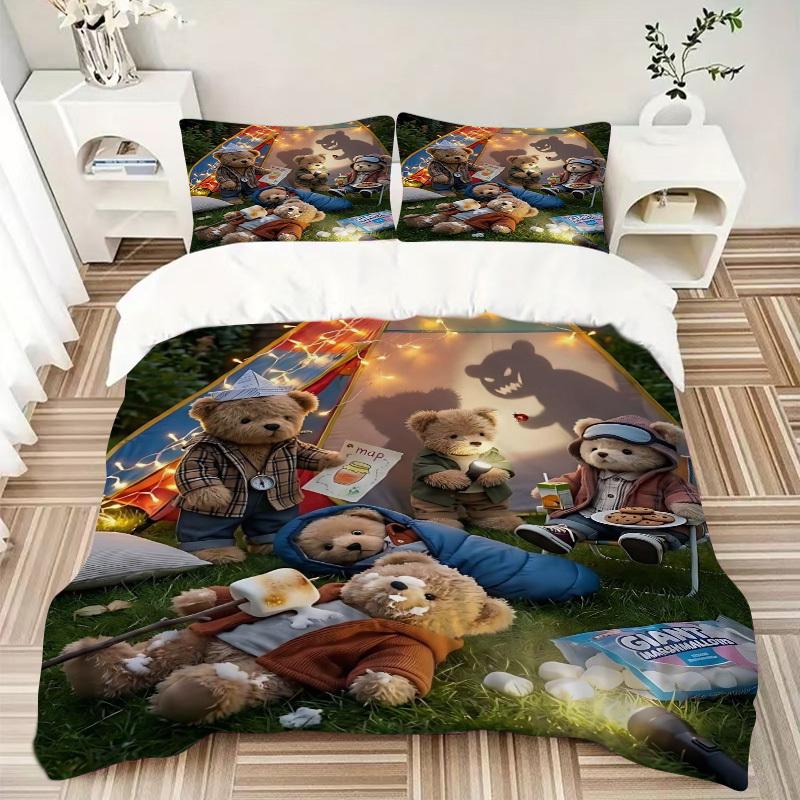 3pcs Anime Teddy Bear Camping Bedding Set - Includes One Quilt Cover and Two Pillowcases (No Core) - Perfect for Bedroom and Guest Room Deco