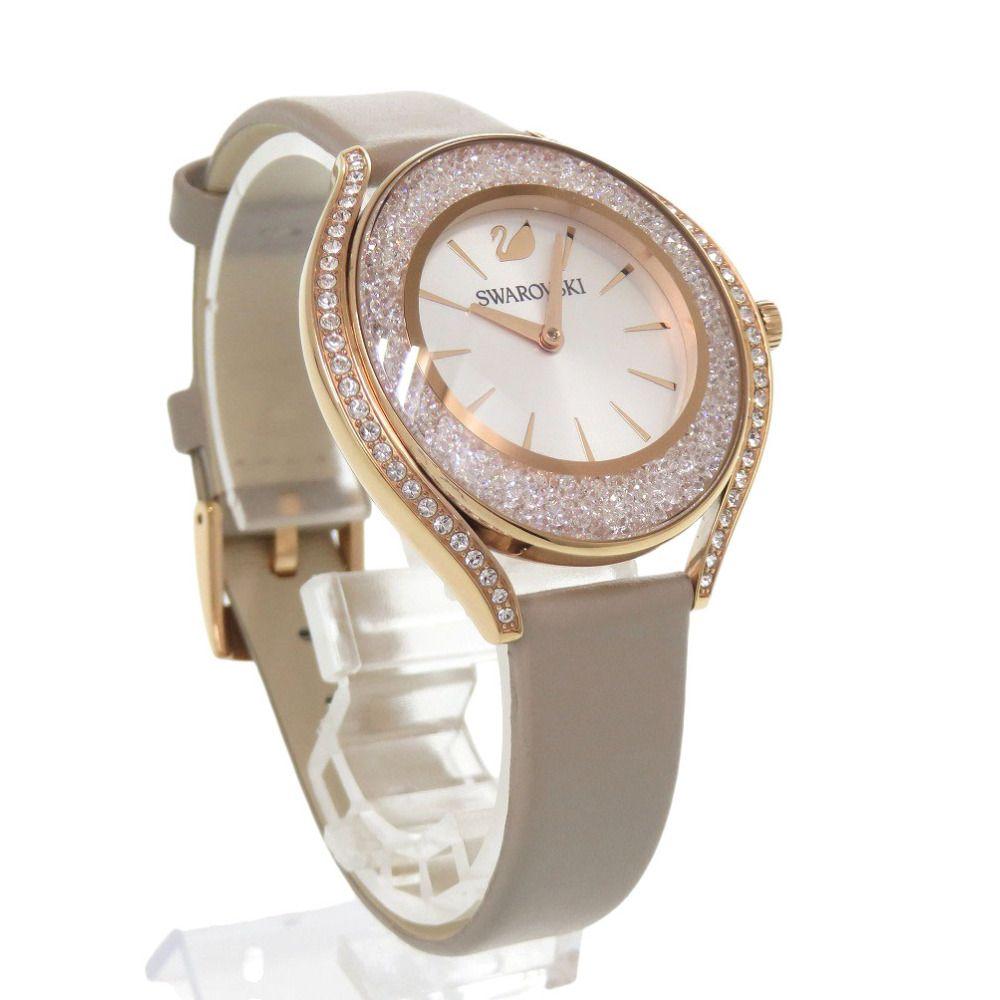 Used Like new Swarovski Crystal Line Aura SS Leather White Quartz Watch 0609 SWAROVSKI