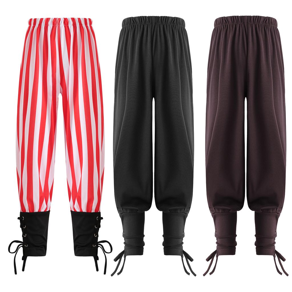 Pantaloni da Pirata per Ragazzi Medievali con Fascia alla Caviglia Costume Rinascimentale Vichingo Pantaloni Halloween Gotico Outfit a Strisce