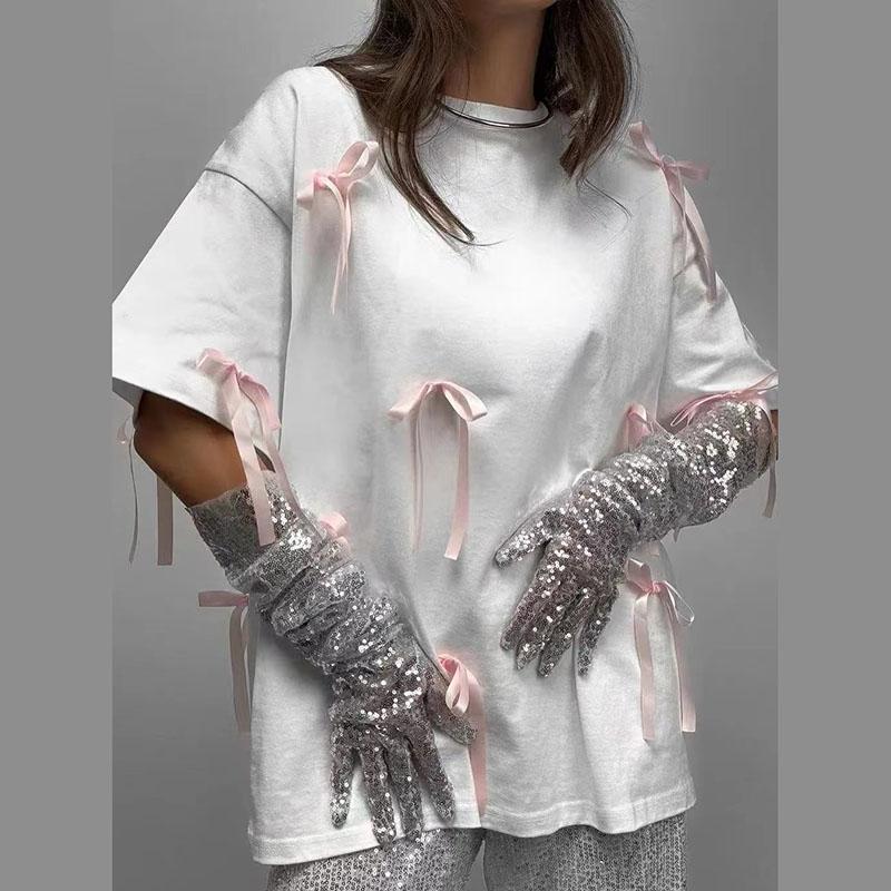 Tricou decorativ cu fundă retro din bumbac liber, design de modă de vară, cu mânecă scurtă, tricouri cu gât turnut, maiuri casual