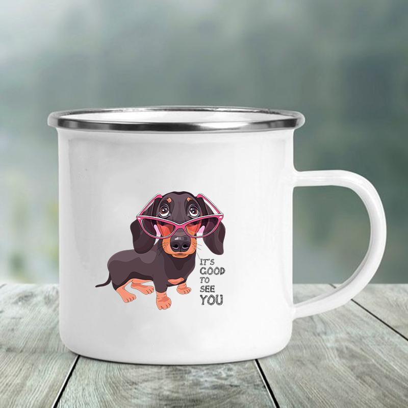 Emaille-Tasse mit Aufdruck „I Love Dackel“, kreatives Glas, für Kaffee, Getränke, Dessert, Milch, Tasse, Glas, Vintage, beheizbarer Griff, Trinkgeschirr, Geschenke