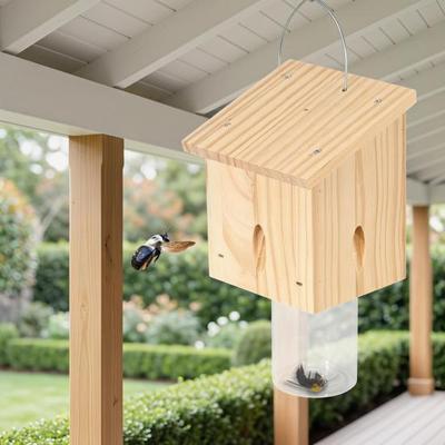 Carpenter Bee Trap Outdoor Hanging Bee Catcher Trap Kit Wooden Insect Trapping Box with Plastic Jar for Swarm Control