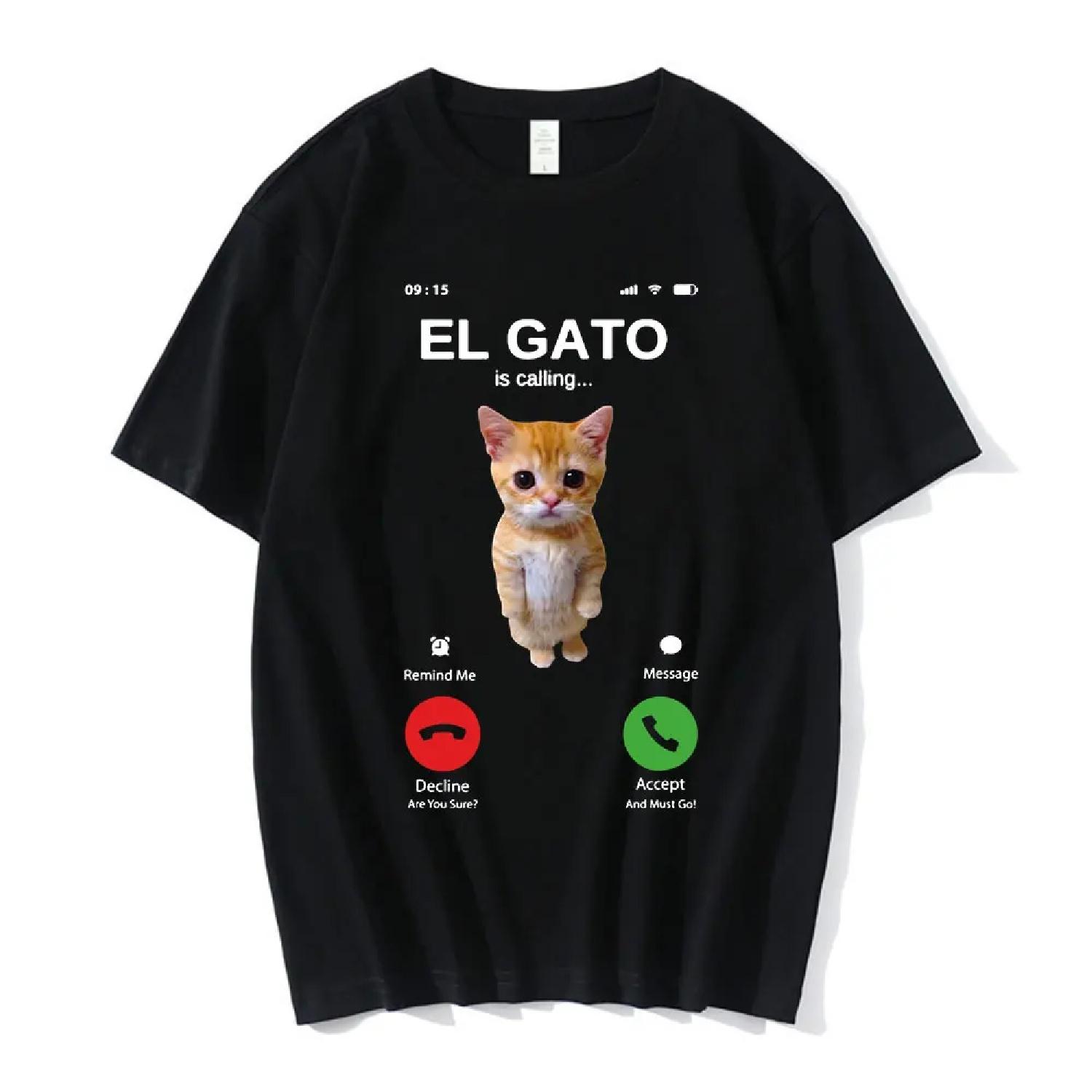 

El Gato Is Calling Meme Sad Crying Cat Munchkin Kitty Meme T Shirt Fashion Short Sleeves Oversized T-shirt Streetwear Unisex XXXXXL чорний