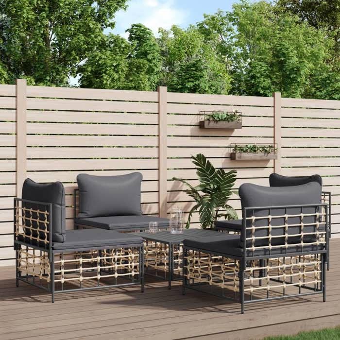 VidaXL Salon de jardin 5 pcs avec coussins anthracite résine tressée, ensemble de salon, ensemble de salon d'extérieur, 3186711