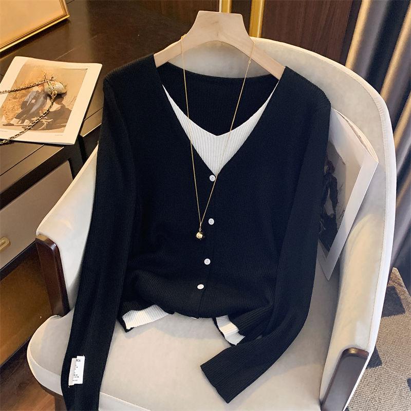 

В язаний жіночий пуловер з підробленим двома V-подібними вирізами, осінньо-зимовий топ, вінтажний шикарний красивий светр з довгими рукавами One Size чорний