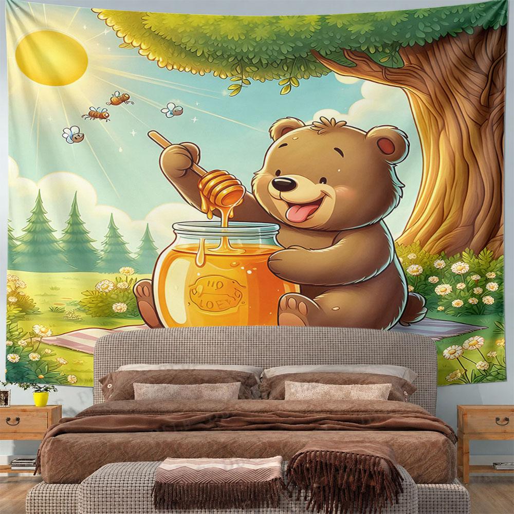 Happy Bear with Honey Jar in Nature Pattern Wall Hanging Tapestry Decorative Tapestry Home Decor for Bedroom and Living Room