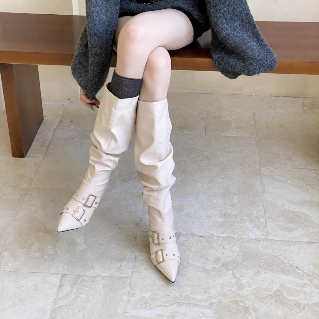 2025 autumn and winter new European and American pointed thin heel high heel temperament French fashion rivet belt buckle beautiful women boots