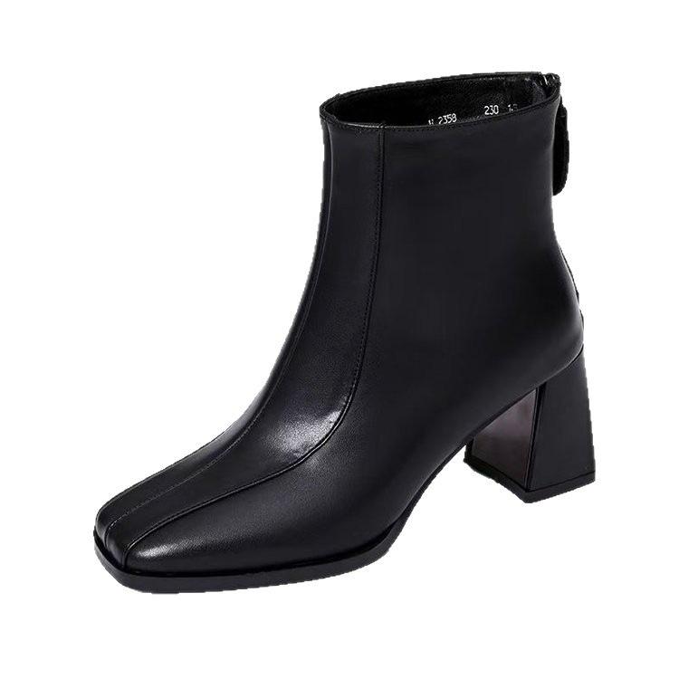 Soft leather thick heel short boots women's 2025 autumn and winter new velvet square head, medium heel soft sole retro temperament short leather bo