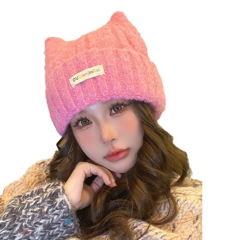 Japanese Cat Ear Woolen Hat for Women In Autumn and Winter Warm and Cute Knitted Hat Korean Style Casual All Match Pullover Cold Hat