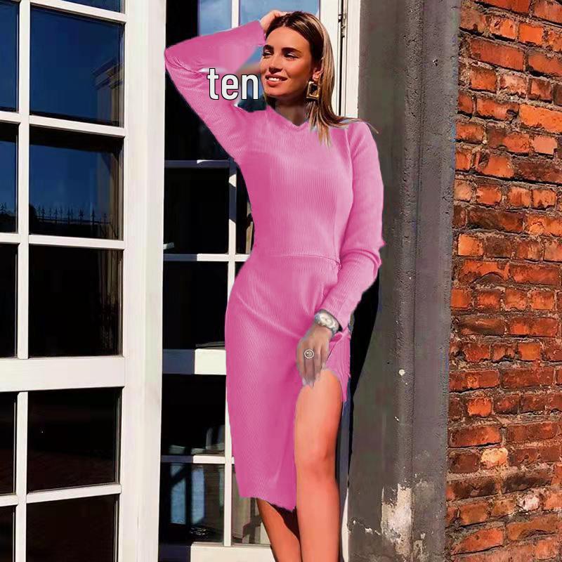 Podzim Zima Slim Fit Žebrovaný Pletený Šaty s Rozparkem a Dlouhým Rukávem