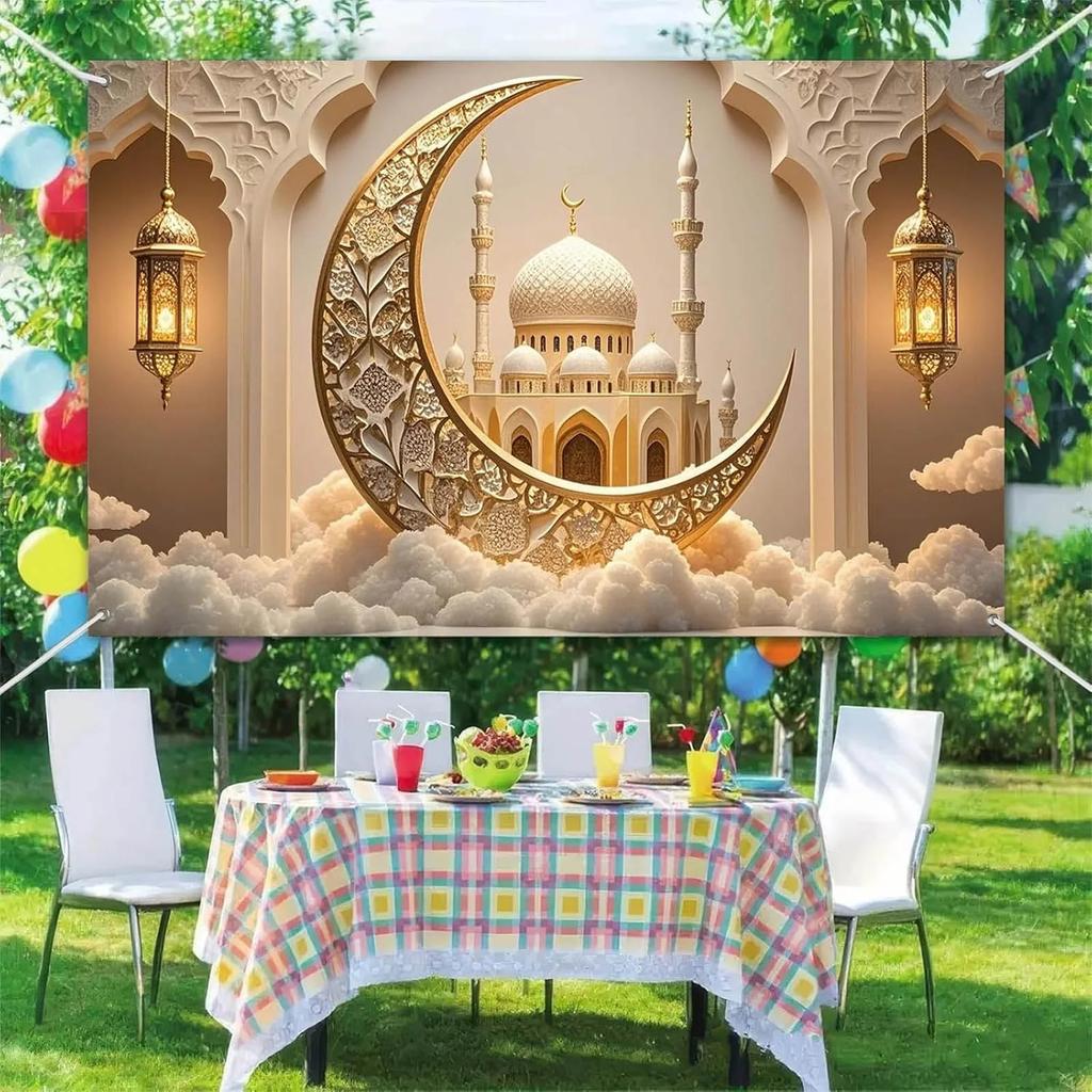 Ramadan Decorations Islamic Crescent Moon Mosque Eid Mubarak Banner Muslim Home Decor Ramadan Kareem Sign Iftar Party Supplies Background Wall