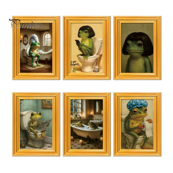 Non-slip Fridge Magnet 1/6Pcs Abstract Frog Refrigerator Vintage Cartoon Green with Frame Home Kitchen Office Decoration Animal Design