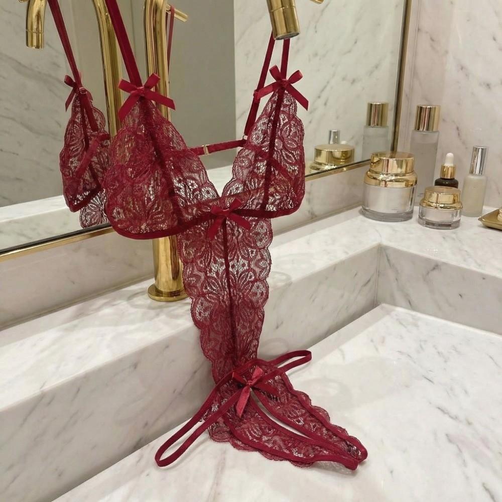 Deep V Neck Lace Bow Bodysuit Transparent Lace Sling Nightwear Sweet Women Lingerie  Ladies