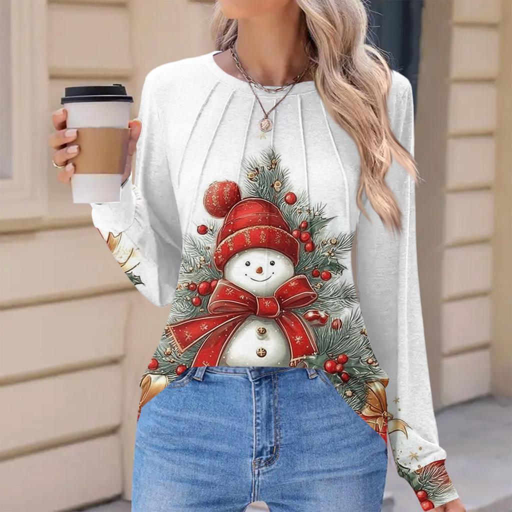 Women's Fashionable Casual Christmas Printed Pleated Comfortable Round Neck Loose Long Sleeve T-Shirt Top
