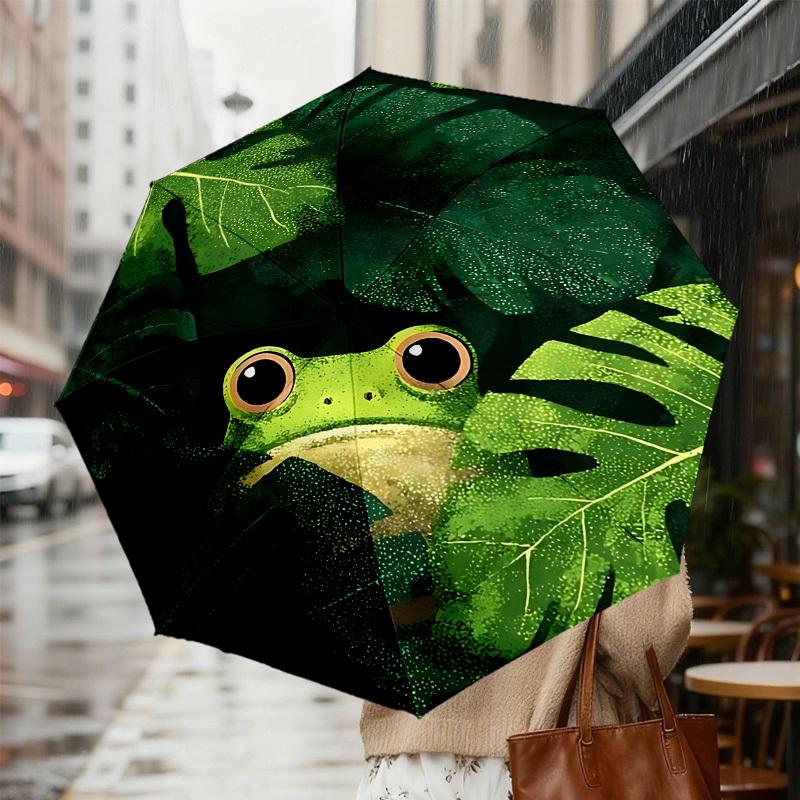 Jungle Adventure Frog Print Umbrella: Automatic Opening & Closing, Outdoor Protection, Lightweight and Durable for Travel, Unique Gift Idea 063