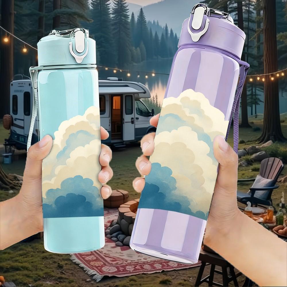 1PC Soft White Cloud Landscape Art 750ml Color Plastic Sports Water Bottle Leakproof Flip Straw Lid For Sports Office Home Use