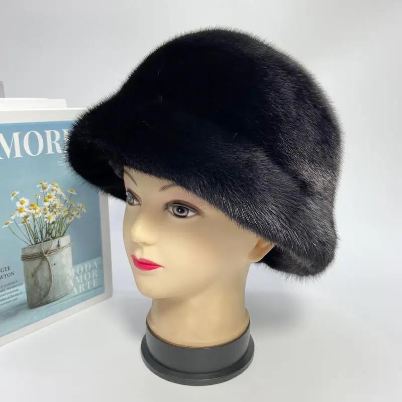 Women's Winter Hat Luxury Mink Cap Solid Fashion Bucket Domo Hat Soft Brim Outdoor Ushanka Russian Stylish Genuine Mink Fur Hat