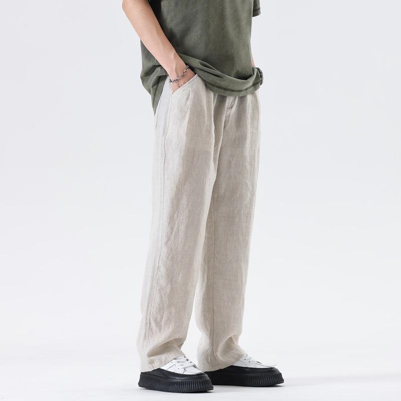 New Trendy Brand Cotton and Linen Casual Pants Men's Summer Fashion Loose and Versatile Straight Trousers Apricot