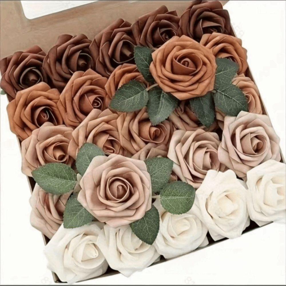 25PCS Gradiet Color Artificial Rose Flowers Flexible Wire Stems Realistic Flowers  Party Decoration