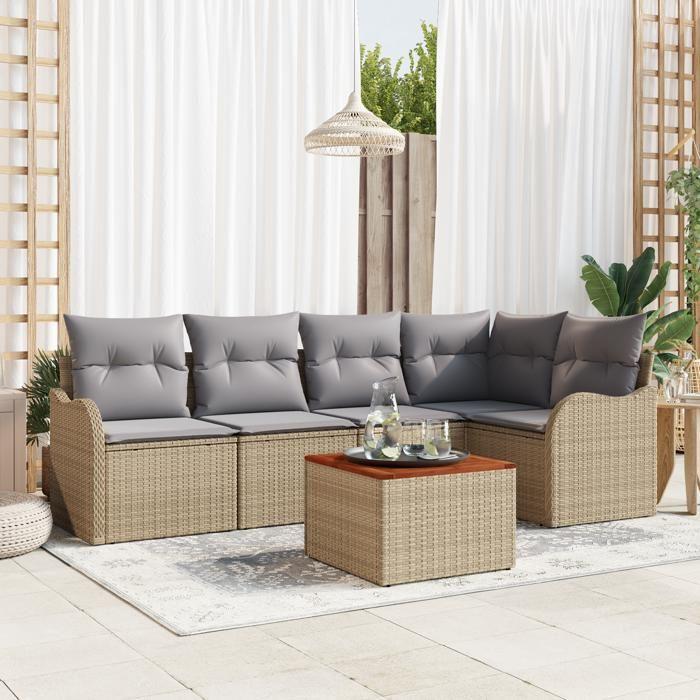 Ensemble de Sofa de Jardin 6 Pièces avec Oreillers Beige Rattan Poly Acacia, Sofa de Jardin 2 Places avec Oreillers Beige 3347455