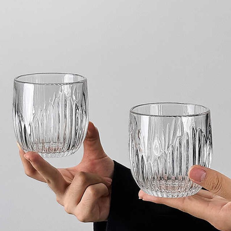 260ml 2pcs Set Transparent Beverage Iced Coffee Latte Cups Vintage Vertical Striped Coffee Cup Wine Glass Drinkware Tea Mug Cafe