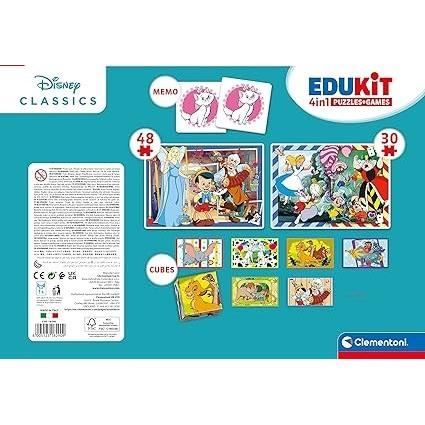 Clementoni - Edukit - Disney - Lernset 4 in 1 - 2 Puzzles, 1 Memo, 1 Spiel mit 6 Würfeln - Hergestellt in Italien - Ab 4 Jahren