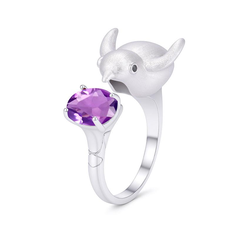 

S925 Silver Penguin Ring with Natural Garnet Crystal, Retro Adjustable Jewelry opening adjustable