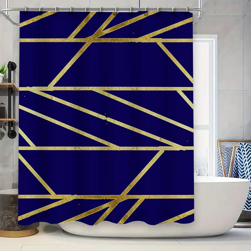 

Modern Geometric Shower Curtain Bold Navy Blue Gold Stripes Polyester Fabric 72X84 In For Bathroom Decorations W60H190(CM)-1 Pcs