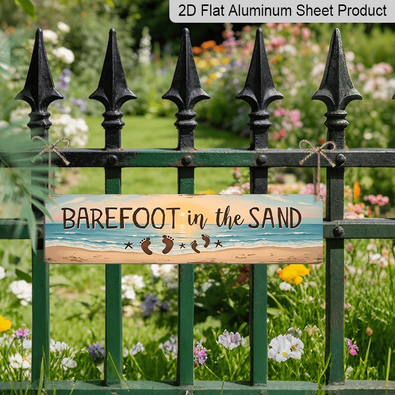 2D Flat, 1pc, Rustic Barefoot in The Sand Aluminium Decorative Sign with A Beach Theme for Wall Decoration, 15.7×3.94inch. Ideal for A Bedroom