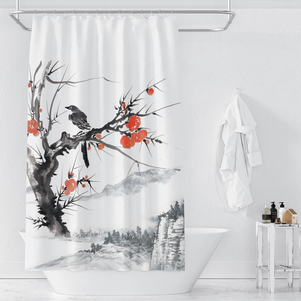 

Шторка для душа в стиле «Цветущая слива и птица», с принтом современных скандинавских цветов, полиэстер, домашний декор, занавеска для ванной с крючками W90xH180cm
