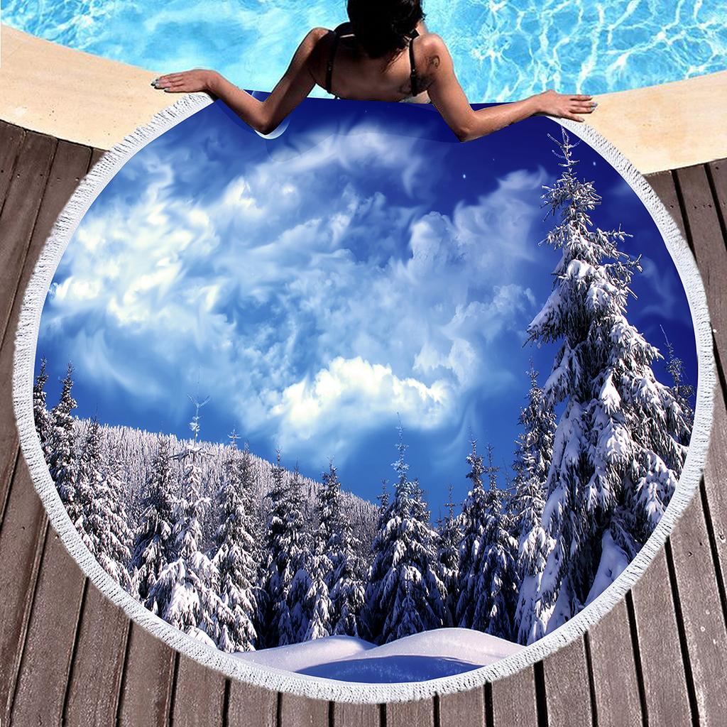 Round Beach Towel,Fantasy Winter Tree Printing Polyester Sand Resistant Beach Blanket,Absorbent Quick Dry Pool Towel Picnic Mat