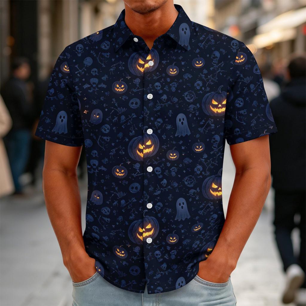 Men's Halloween Print Vintage Button Down Cardigan Shirt - Loose Fit Breathable Summer Casual Streetwear Top