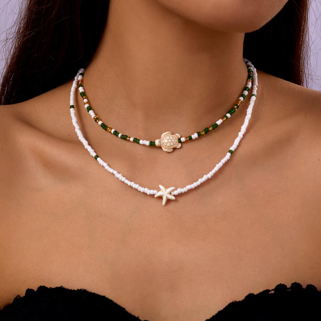 Bohemian Mixed Color Rice Beads Starfish Pendant Necklace for Women Double Turtle Chain Clavicle Necklace Summer Travel Jewelry