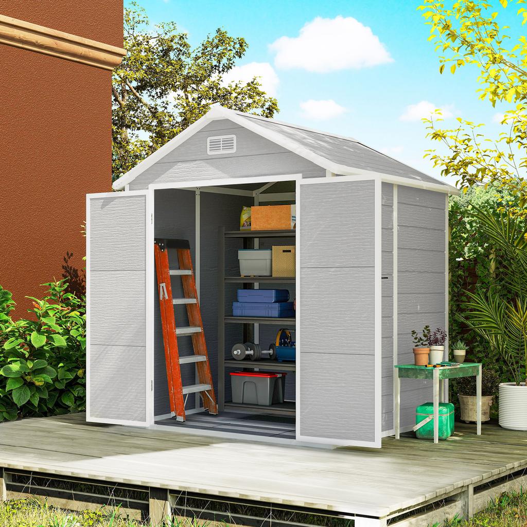 6 X 5ft Garden Shed, Plastic Shed with Floor, Window, Lockable Doors and Vents, Wood Effect Resin Tool Shed for Outdoor Patio, Light Grey