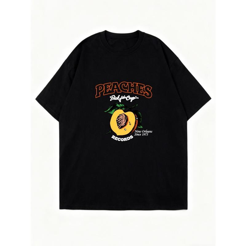 Übergroßes T-Shirt Schwarz Peaches Records Grafikdruck Mit Pfirsich Und Textdesign Für Freizeitkleidung Und Streetstyle