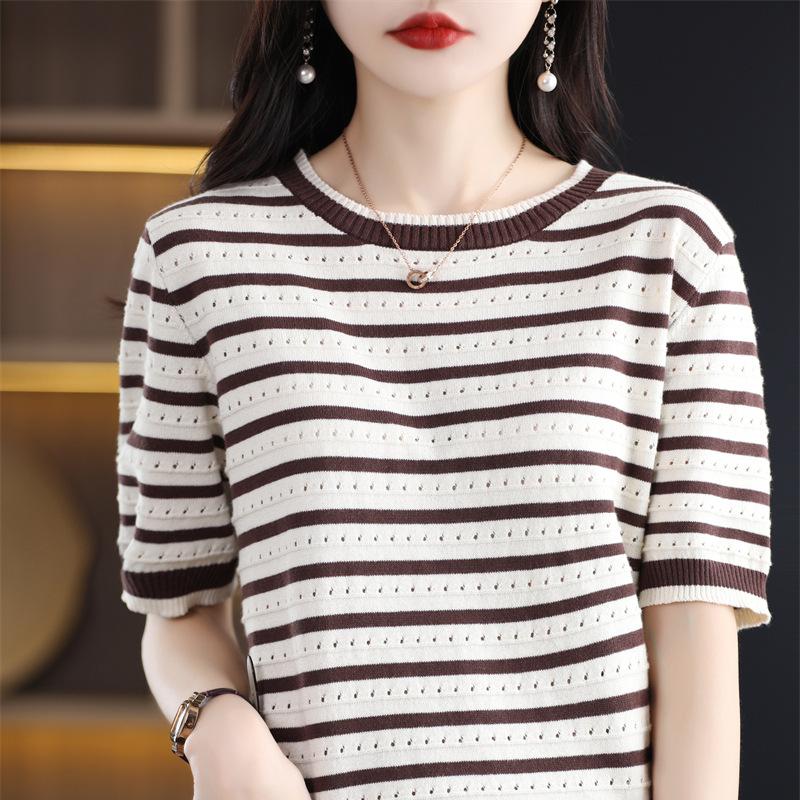 

Хлопковая футболка с коротким рукавом и полоску, с круглым вырезом, женская, летняя, базовая, свободная, универсальная, из хлопковой нити XXL