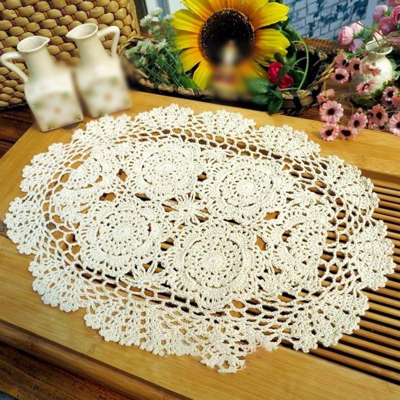 Dining Placemat Decoration Retro Oval Hand Crochet Cotton Lace Doilies
