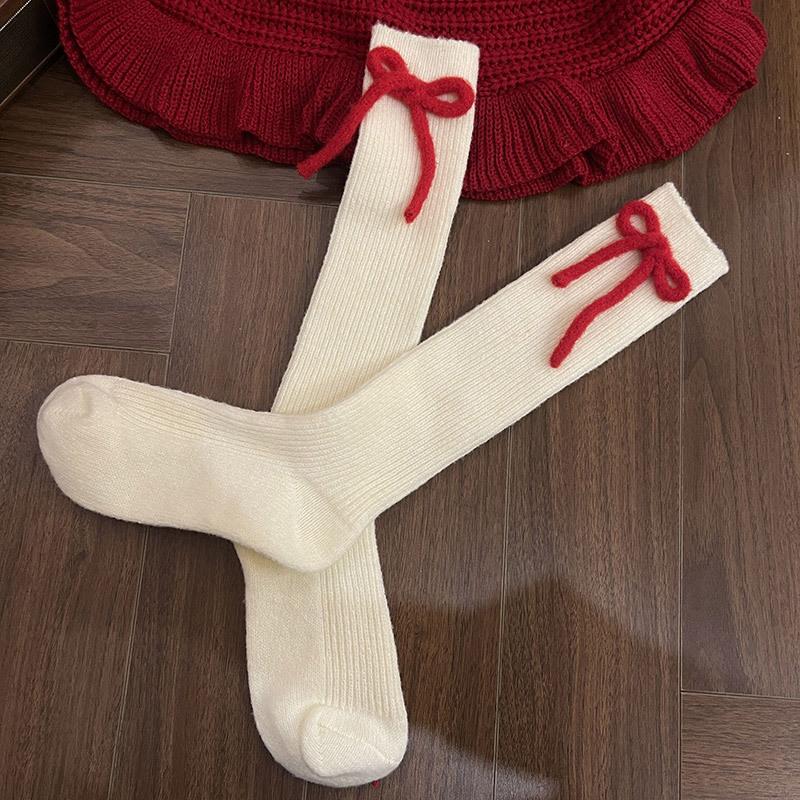 

Christmas Red Cashmere Bow Millennium Y2K Retro Velvet Warm Mid-Tube Stacked Socks one size