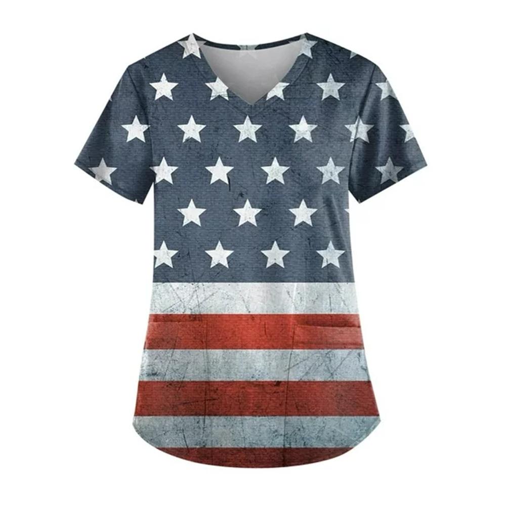 Women's T-shirt V-neck Nurse Uniform Star Print Casual Comfortable Short Sleeved Women's T-shirts