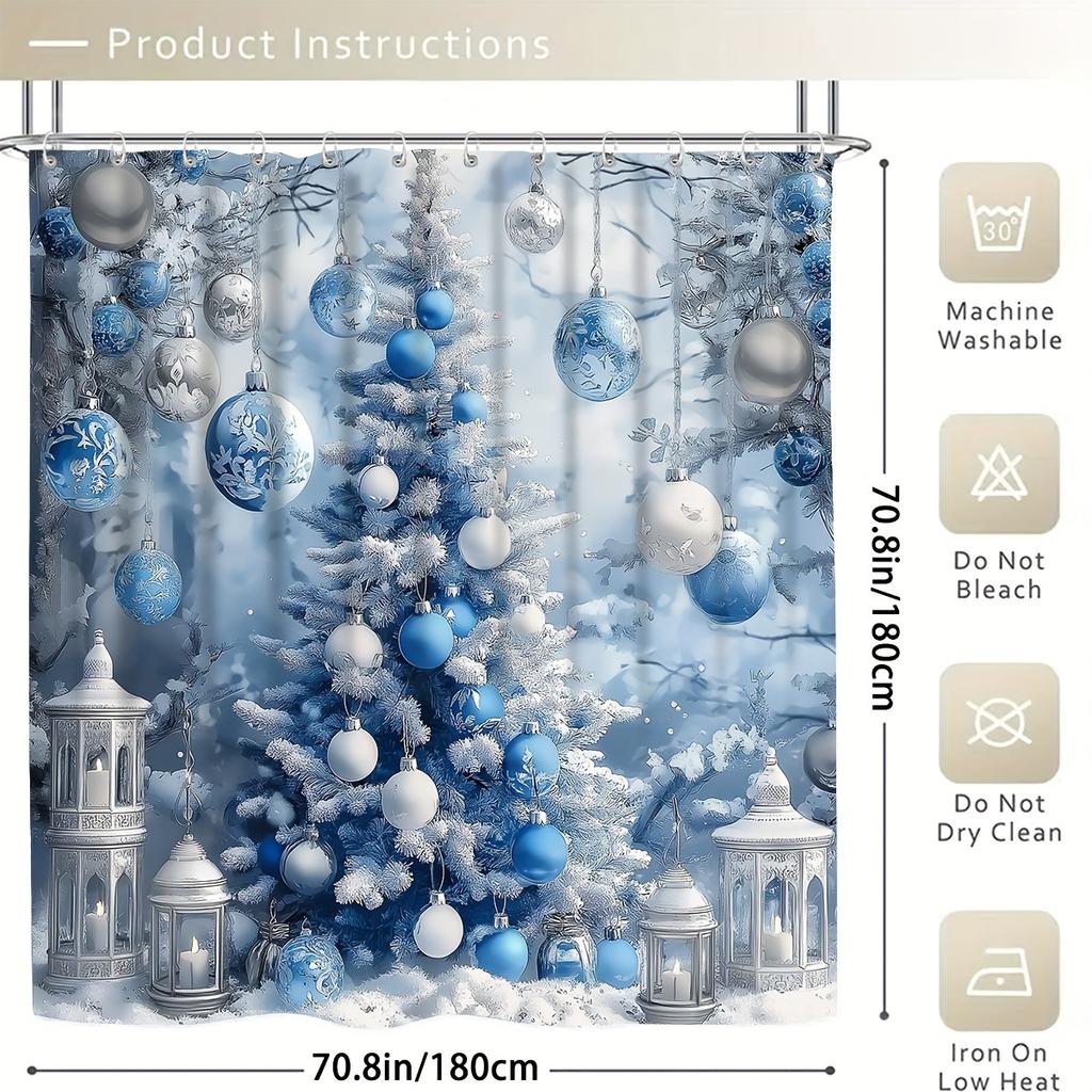 4Pcs Bathroom Shower Curtain Set Christmas Tree Snowflake Print Bathroom Curtain With 12 Hooks Non Slip Rugs Toilet Cover Mat Bathroom Partition