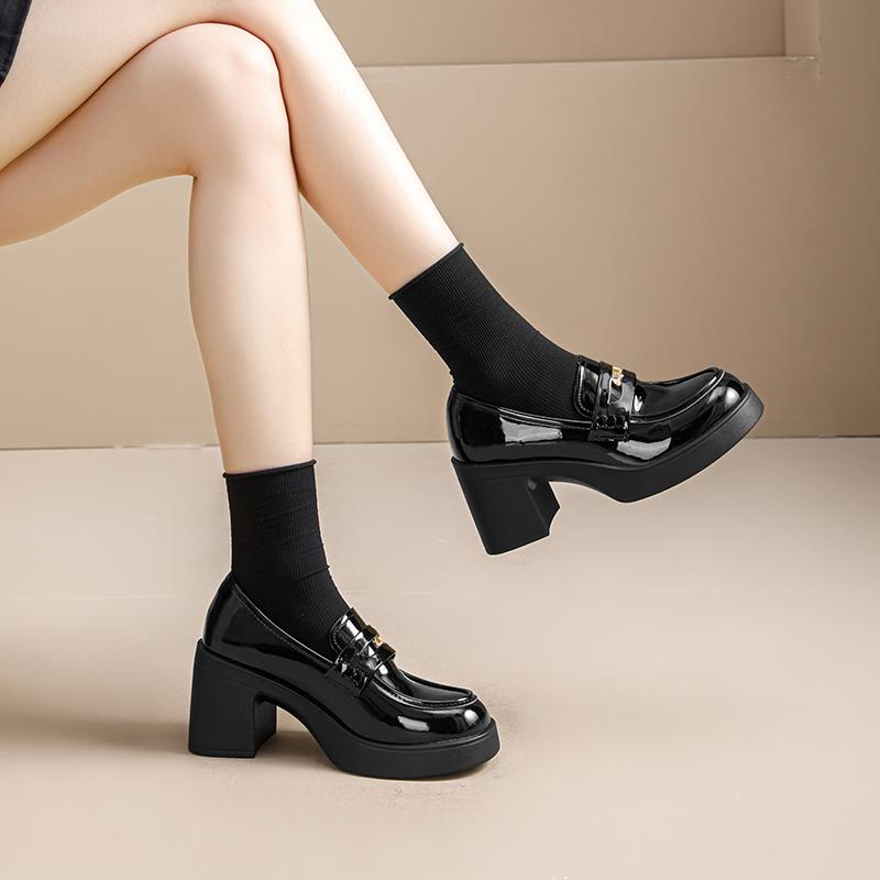 Warrior Stylish Trendy JK Small Leather Shoes Elegant Versatile High Heels Increased Height Loafers 7.5CM Kids Shoes Black WXP(WZ)-3122