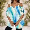 Women Plus Size Cold Shoulder Double Strap V Neck Short Sleeve Dark Blue Printed Blouse