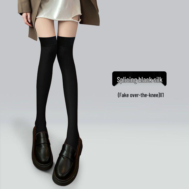 Women's Thin Patchwork Black Silk Calf Socks - Fake Thigh-High Pantyhose for Leg Slimming (Spring, Autumn, Winter)