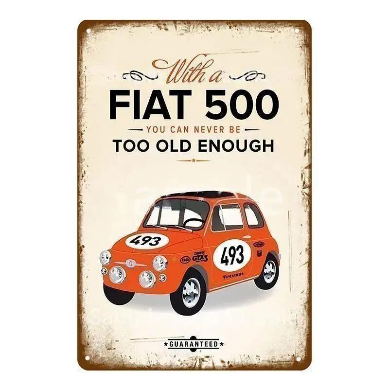 Sinais de Lata de Metal Vintage Clássico Fiat 500 Pôster de Metal Decoração de Arte de Parede Pôster Decoração de Parede para Casa Café Bar Pub Pôster Arte em Metal de Carro